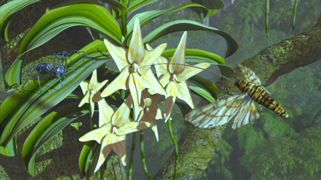 Eine Gruppe von gelben Orchideenblüten mit einem Käfer und einer Motte in einer üppigen, grünen Umgebung.