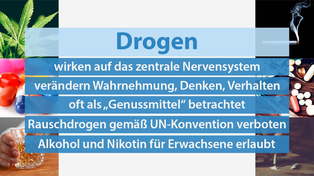 Infografik über Drogen, die das zentrale Nervensystem beeinflussen, mit Informationen über Genussmittel und rechtliche Aspekte.