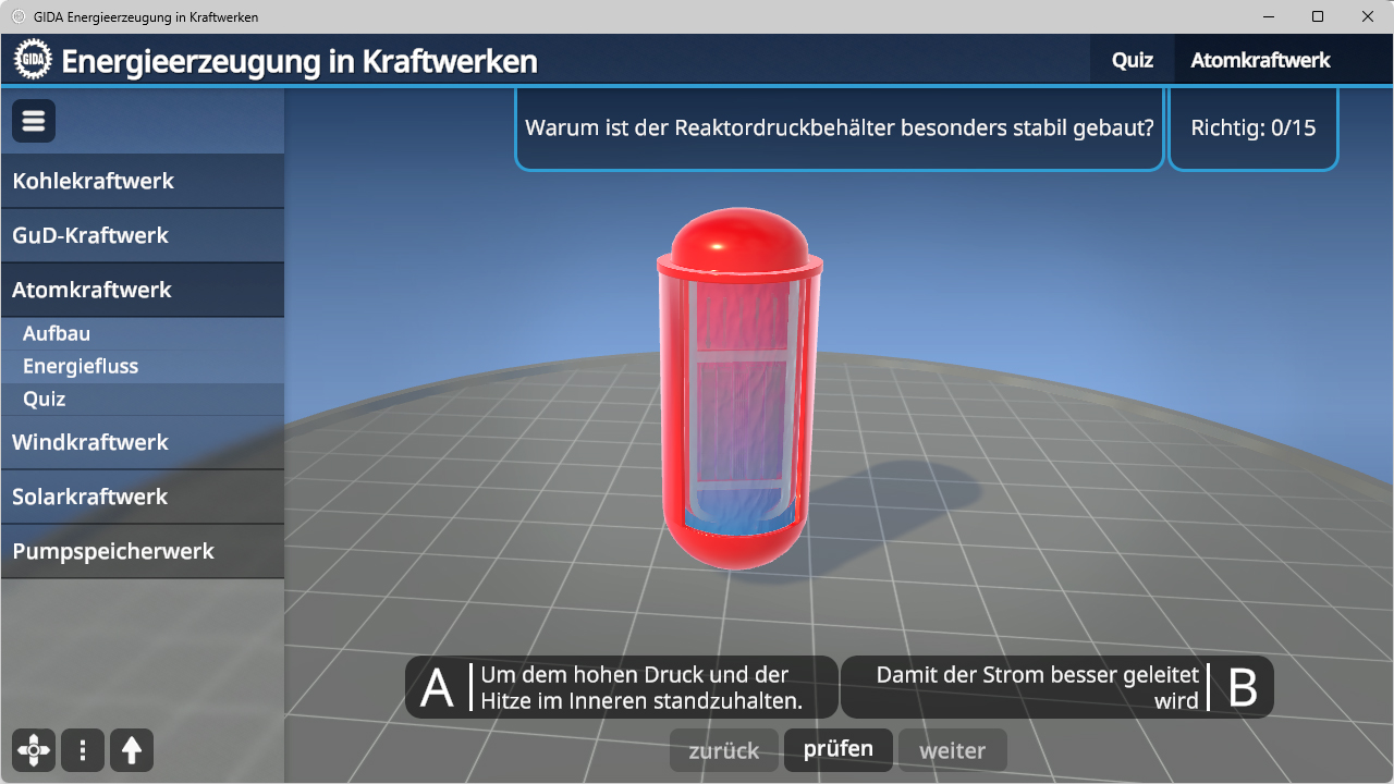 3D-Illustration eines rot-weißen Reaktordruckbehälters in einem Quiz zur Energieerzeugung, mit Menü und Antwortoptionen auf Deutsch.