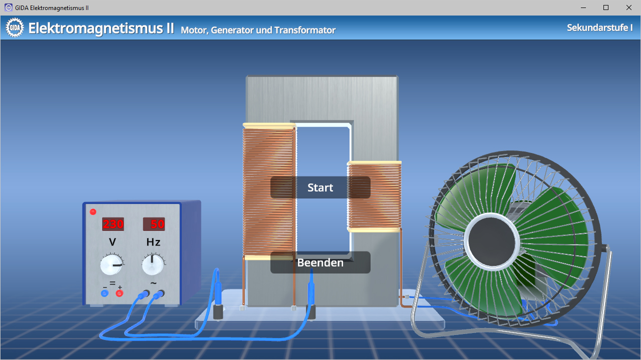 Menü der Software "Elektromagnetismus II – Motor, Generator und Transformator".