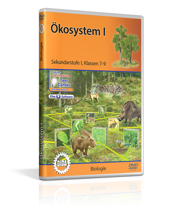 DVD-Cover mit dem Titel 'Ökosystem I' für Sekundarstufe 1. Es zeigt einen Wald mit Darstellung verschiedener Tiere und Pflanzen.