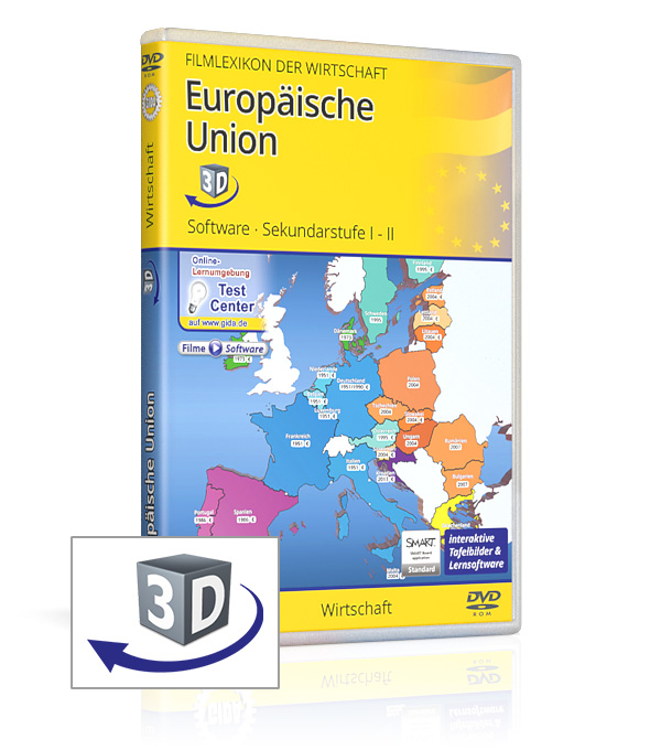 Europäische Union DVD-Hülle für 'Europäische Union', enthält Software für Sekundarstufe eins und zwei, mit 3D-Visualisierung.