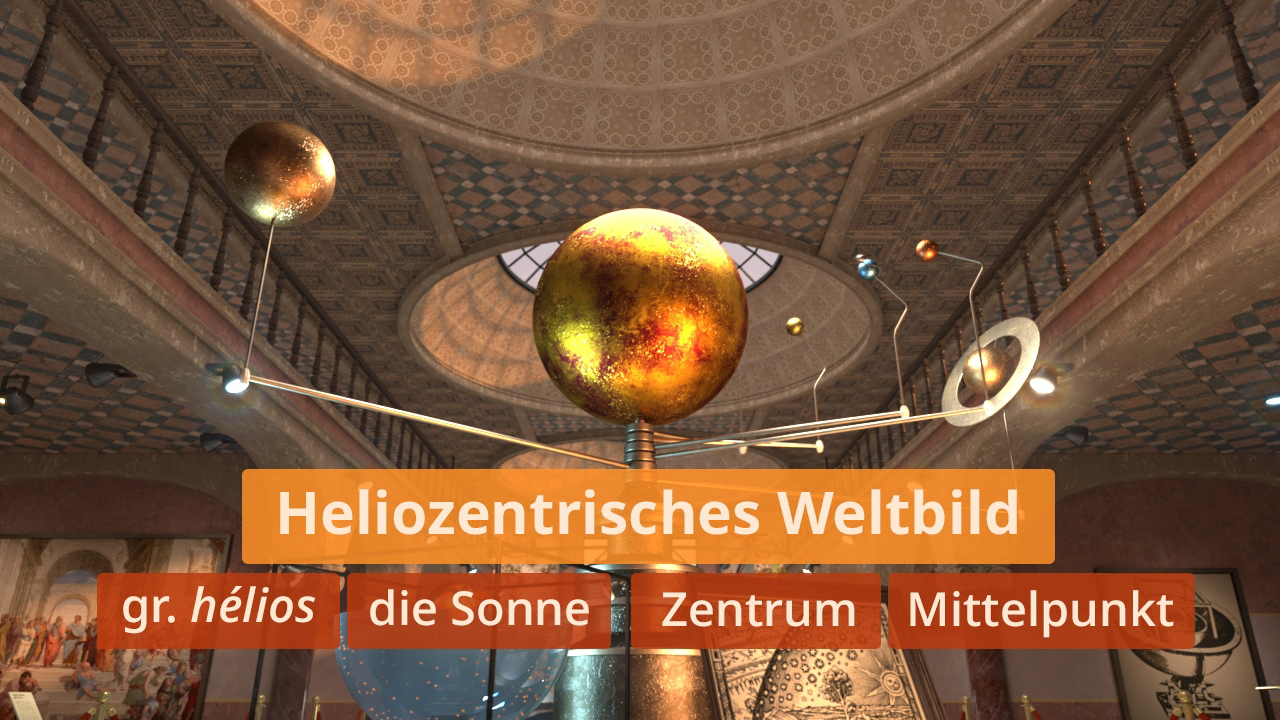 Modell des heliozentrischen Weltbildes mit der Sonne im Zentrum, dargestellt in einem historischen Raum.