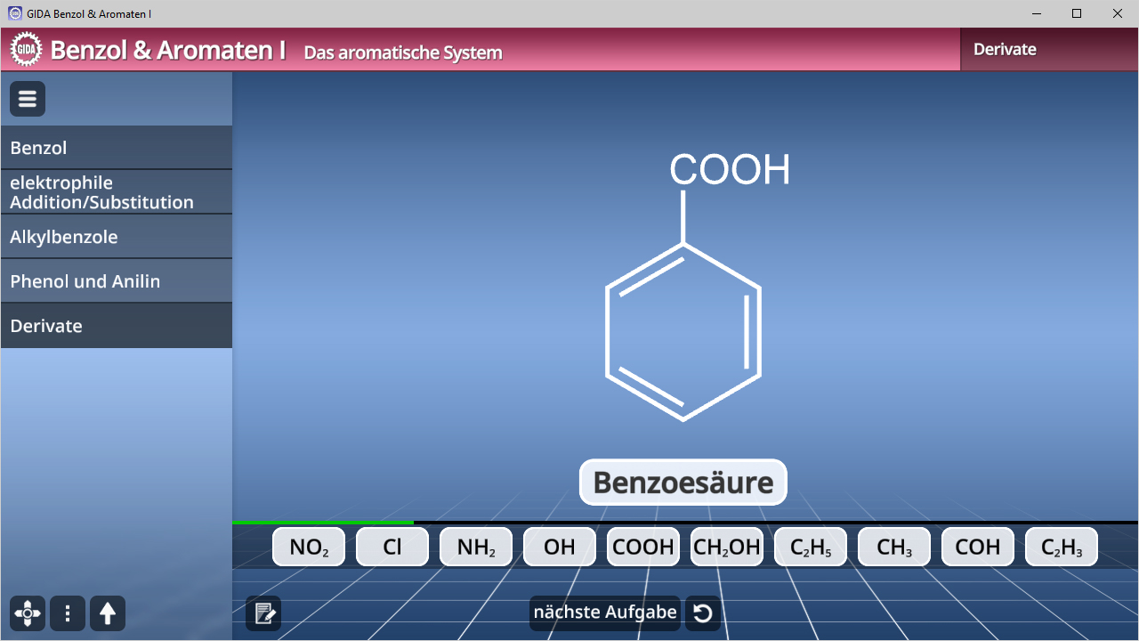 Chemische Struktur der Benzoesäure mit der Formel COOH, dargestellt in einem interaktiven Lernsystem.