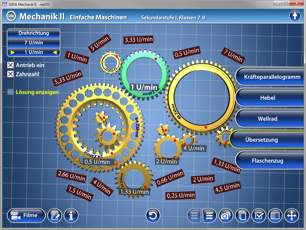 Grafik eines mechanischen Systems mit Zahnrädern und Drehgeschwindigkeiten in Umdrehungen pro Minute.