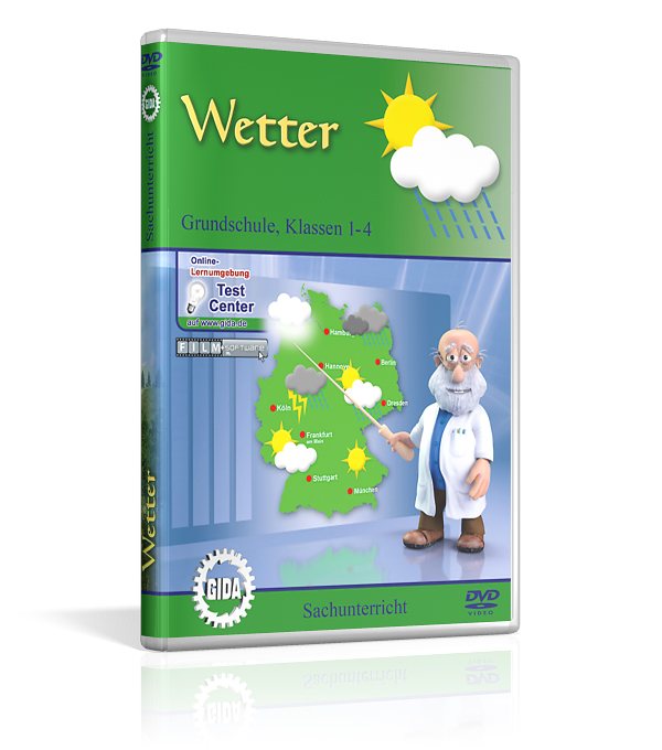DVD-Cover für den Film 'Wetter' für Grundschulen, zeigt einen Wissenschaftler und Wetter-Symbole.