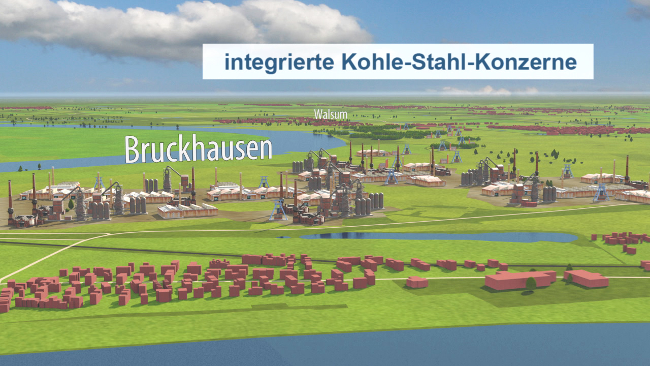 3D-Darstellung eines Industriegebiets mit Kohle- und Stahlwerken in Bruckhausen.