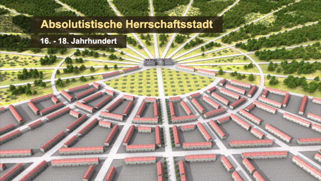 3D-Darstellung einer absolutistischen Herrschaftsstadt aus dem 16. bis 18. Jahrhundert mit radialer Anordnung der Gebäude.