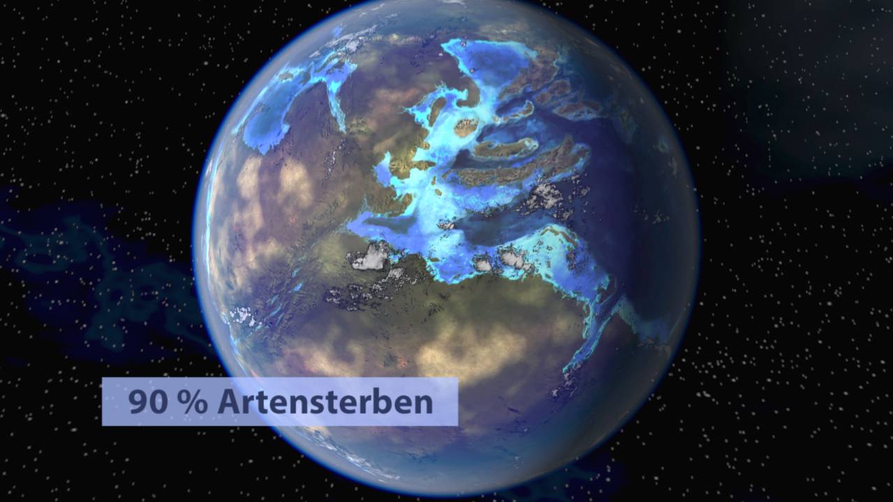 Grafik der Erde im Weltraum mit blauen und braunen Farben, Text '90 % Artensterben' im unteren Bereich.