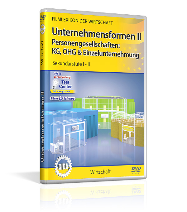 DVD-Cover für 'Unternehmensformen zwei', behandelt Personengesellschaften wie KG, OHG und Einzelunternehmen, für Sekundarstufe eins-zwei.