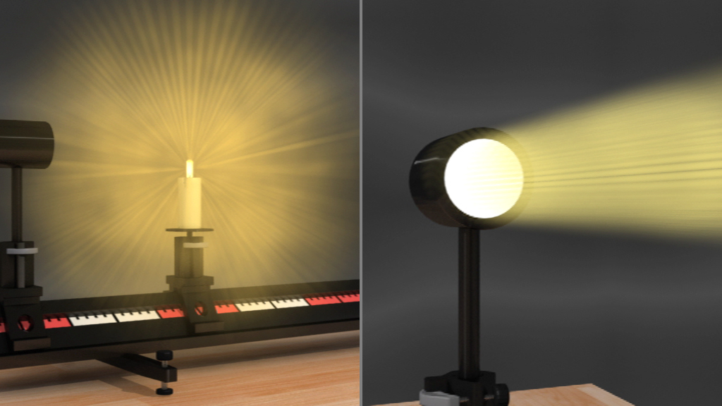 Eine Kerze auf einem Tisch, umgeben von einem Lichtstrahl, der von einem Projektor ausgeht.