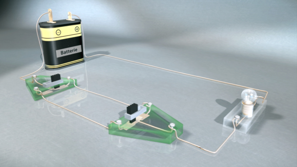 Ein einfaches elektrisches Schaltkreisdiagramm mit einer Batterie, Schaltern und einer Glühbirne.