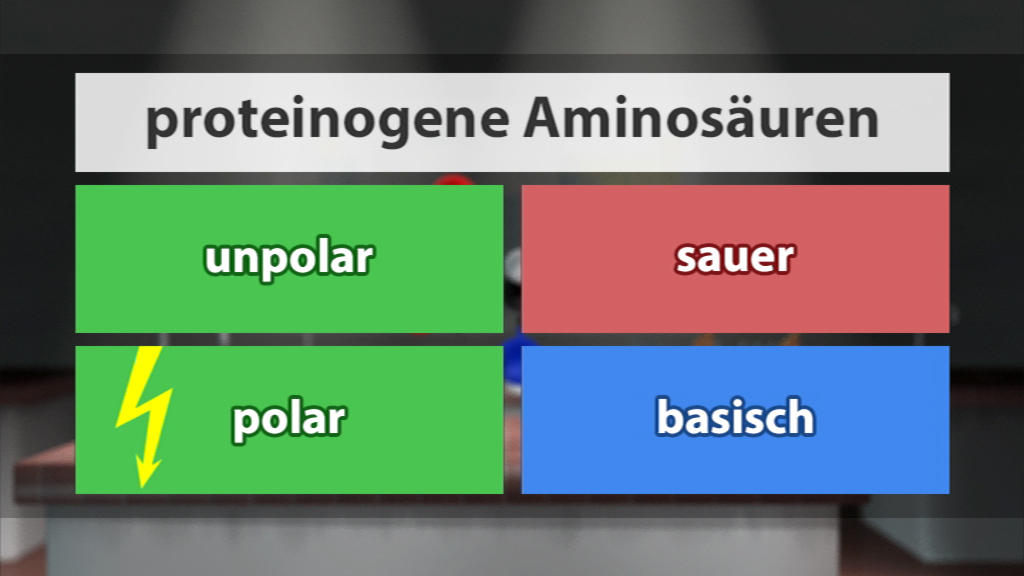 Tabelle mit proteinogenen Aminosäuren, unterteilt in unpolar, polar, sauer und basisch.