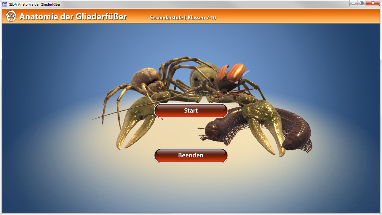 3D-Darstellung von Gliederfüßern, einschließlich einer Spinne und Krabben, mit Schaltflächen für 'Start' und 'Beenden'.