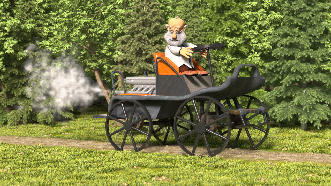 Ein animierter Charakter mit Brille und Bart sitzt in einem alten, dampfbetriebenen Fahrzeug auf einem Weg durch einen Wald.