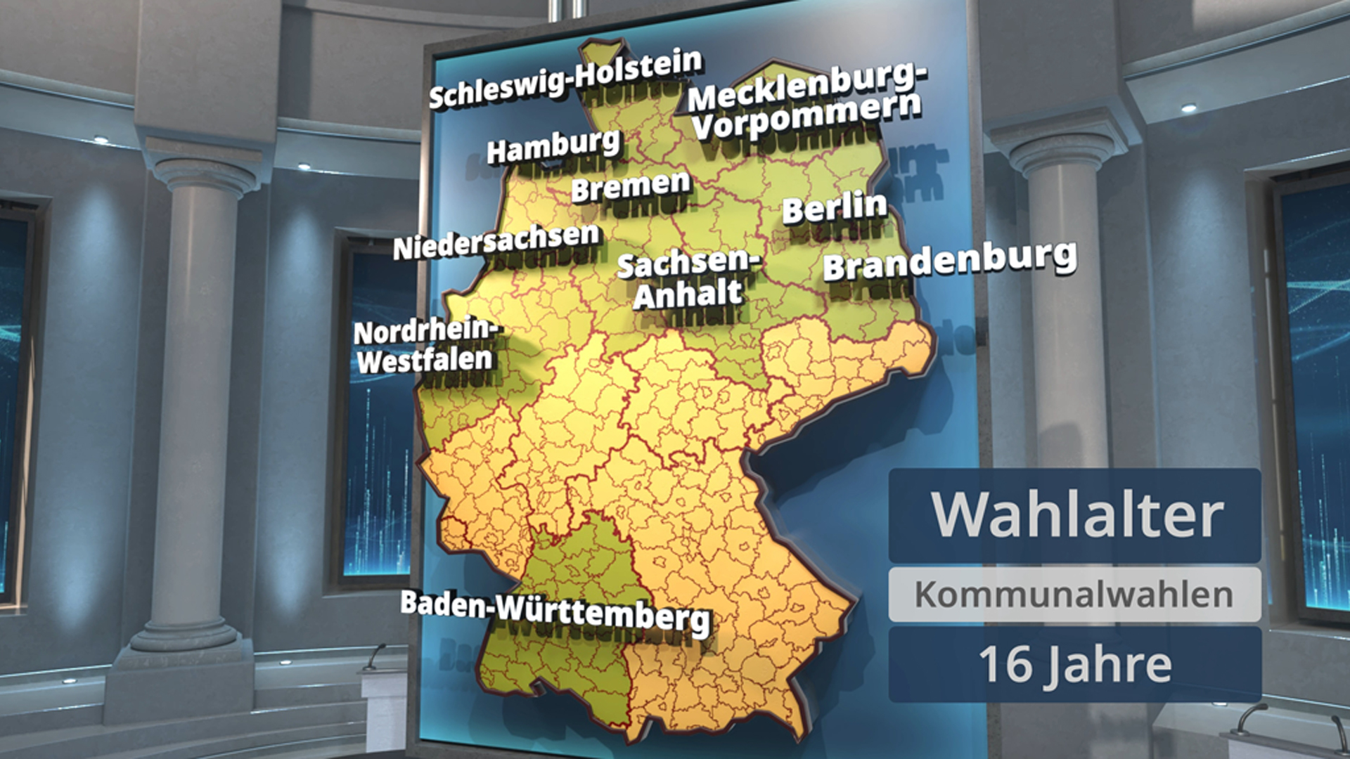 Karte Deutschlands mit den Bundesländern und dem Hinweis auf das Wahlalter von 16 Jahren für Kommunalwahlen.