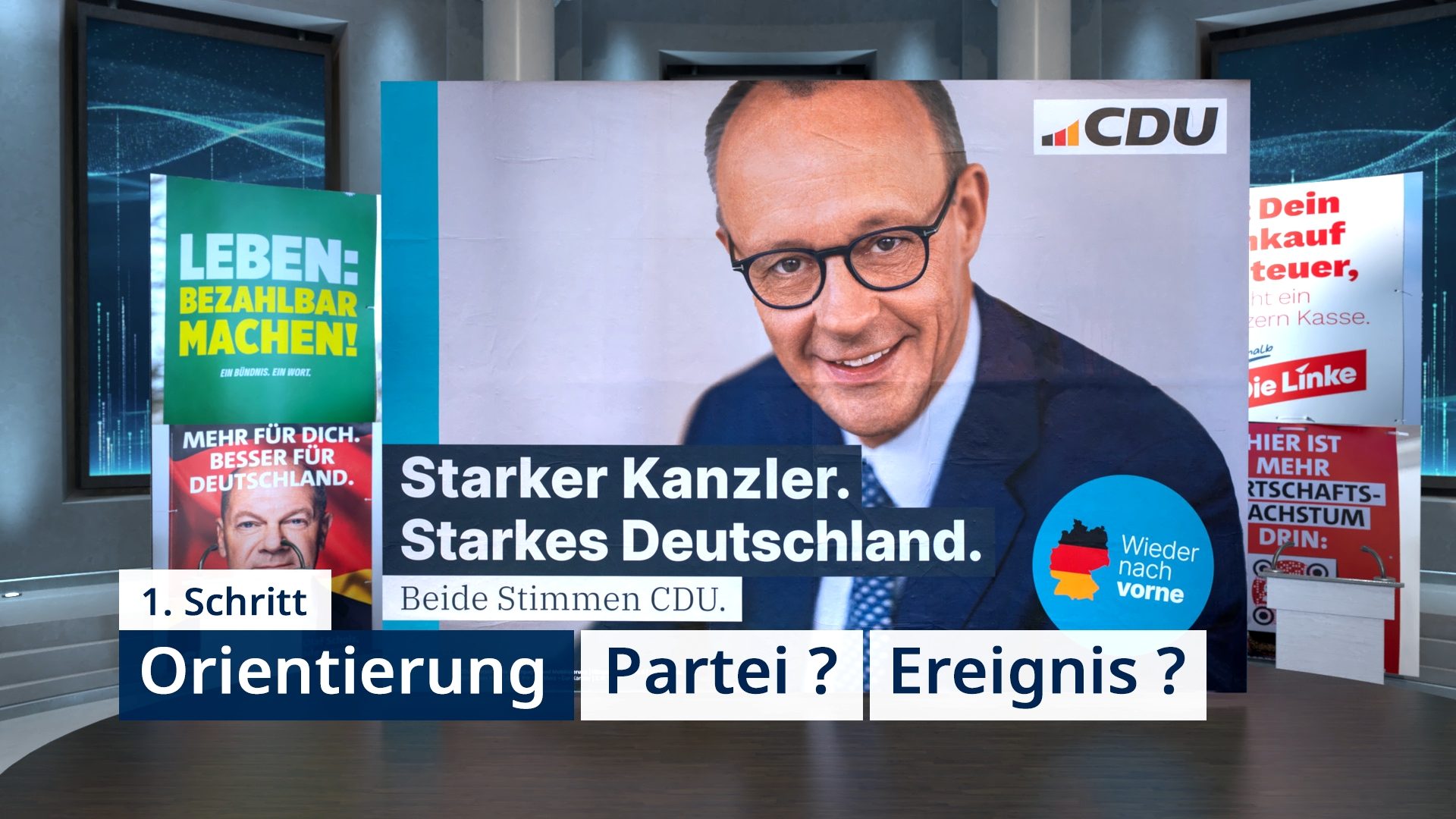 Wahlplakat mit Porträt eines Mannes, CDU-Logo und Texten zu Kanzler und Deutschland, umgeben von weiteren Wahlplakaten verschiedener Parteien.