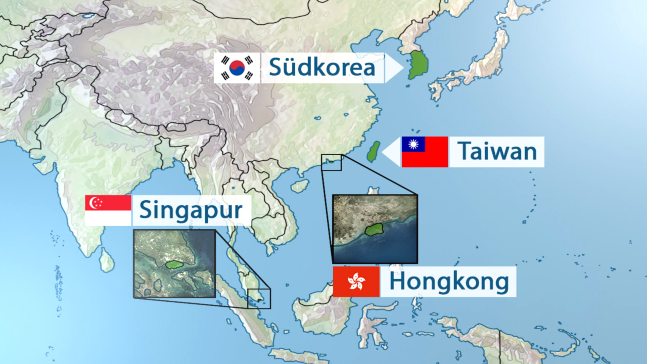 Karte von Asien mit hervorgehobenen Regionen: Südkorea, Taiwan, Singapur und Hongkong.
