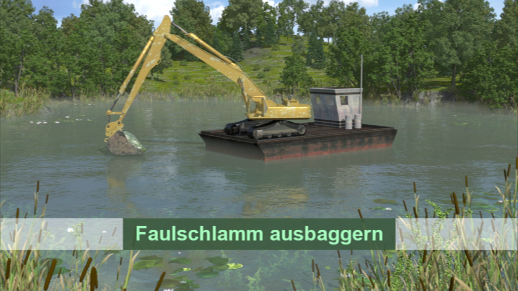 Bagger auf einem schwimmenden Arbeitsboot, das Faulschlamm aus einem Gewässer ausbaggert.