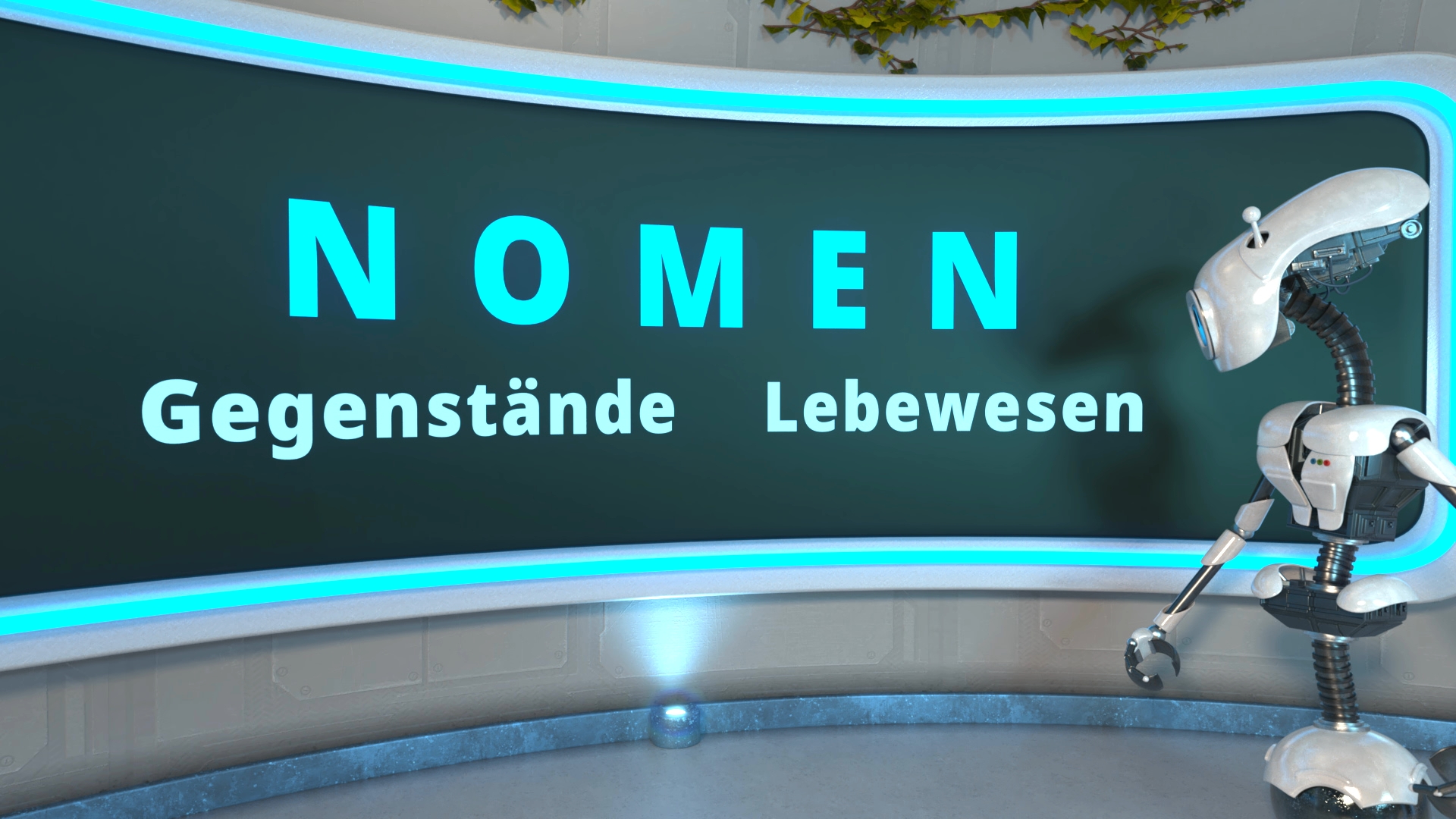 Roboter mit Greifarm steht rechts vor einer großen digitalen Anzeige mit den Worten 'NOMEN Gegenstände Lebewesen' in leuchtender Schrift