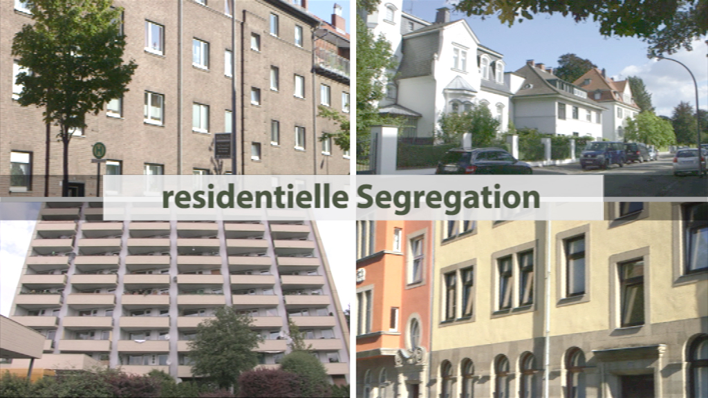 Verschiedene Wohngebäude, die unterschiedliche architektonische Stile und Wohnverhältnisse zeigen, mit dem Text 'residential segregation' in der Mitte.