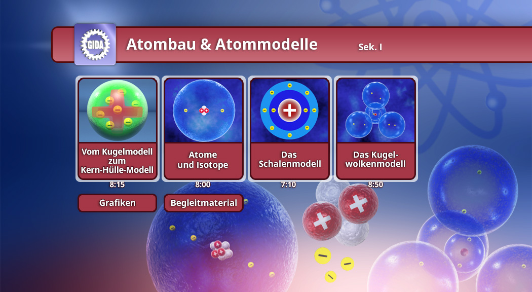 Interaktive Lernplattform zu Atomaufbau und Atommodellen mit vier Themenfeldern und Zeitangaben.