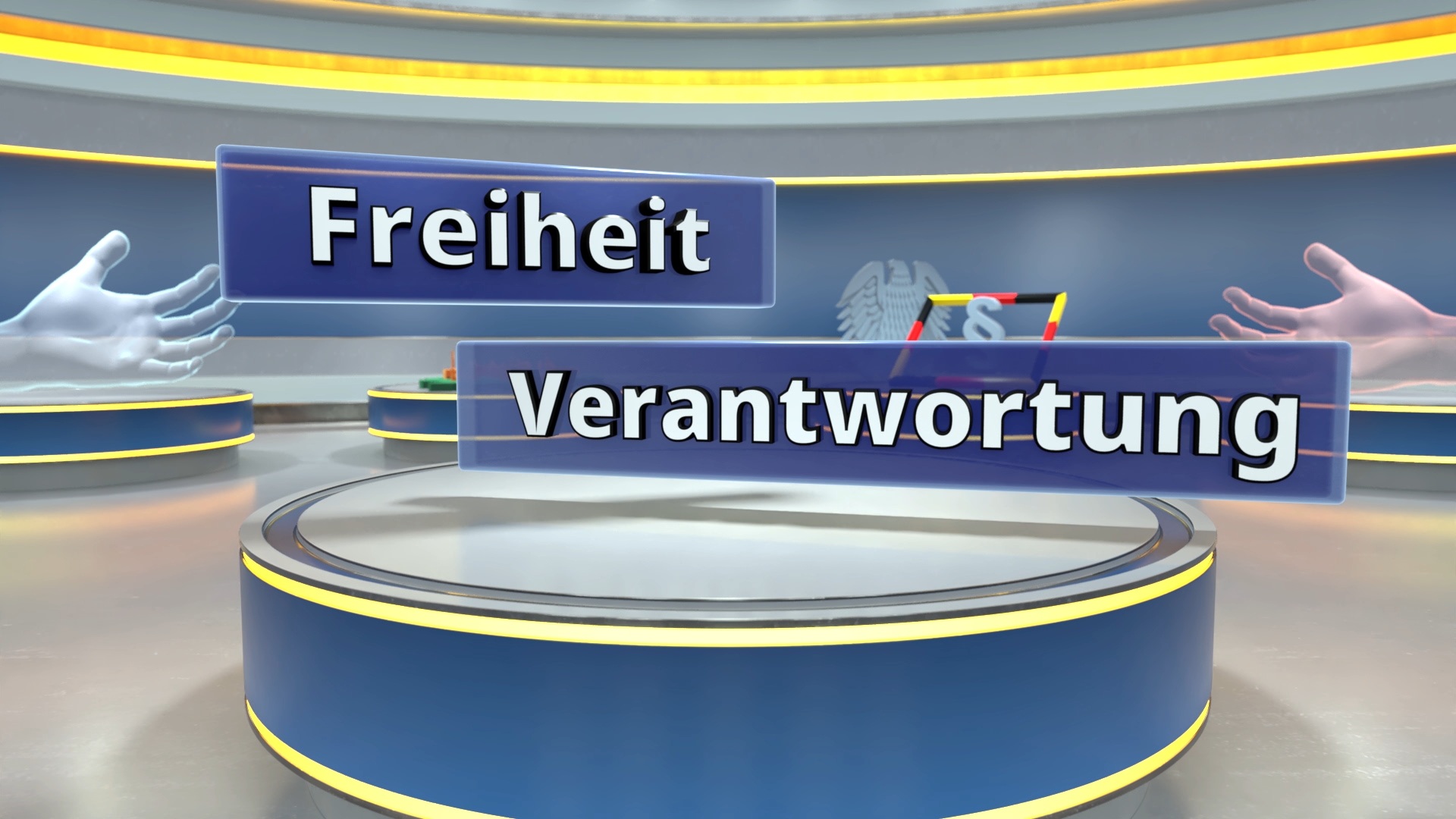 Zwei ausgestreckte Hände auf einer runden, beleuchteten Bühne, darüber die Worte 'Freiheit' und 'Verantwortung' in blauen Rechtecken.