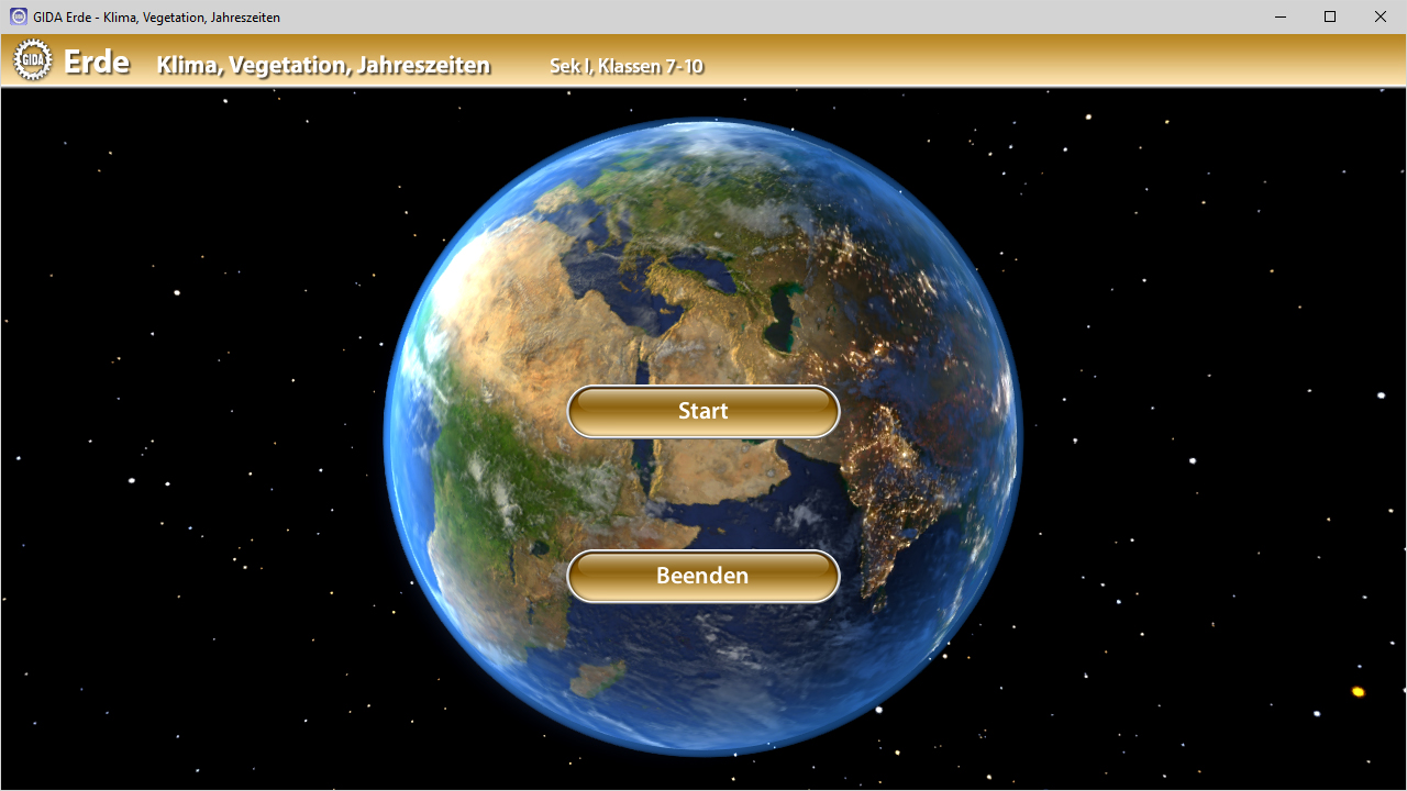 Interaktive Anwendung über Erde, Klima, Vegetation und Jahreszeiten mit Schaltflächen 'Start' und 'Beenden'.