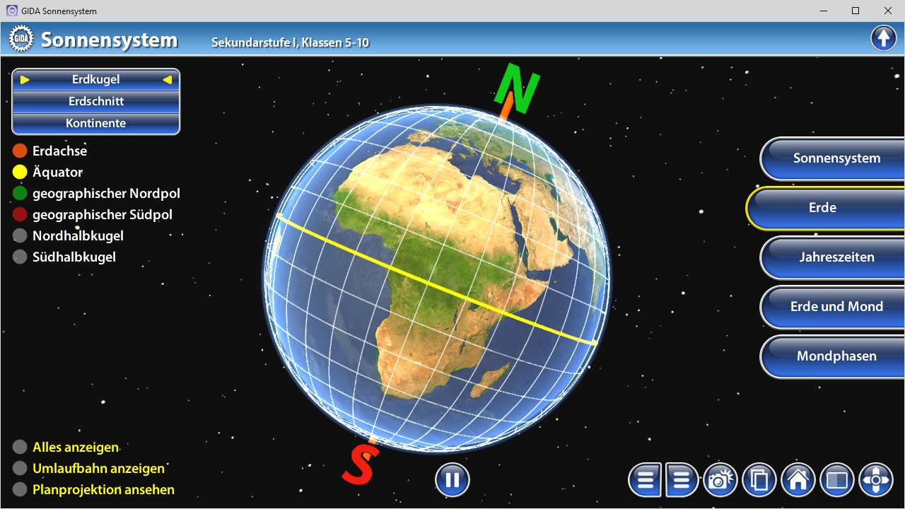 3D-Modell der Erde mit Kontinenten, Äquator und geografischen Polen, dargestellt in einem interaktiven Sonnensystem.