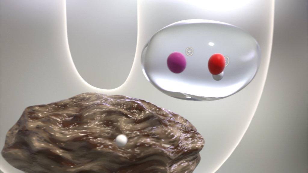 Darstellung von subatomaren Teilchen: ein Proton (rot) und ein Neutron (lila) in einem Atomkern, umgeben von einer Elektronenhülle.