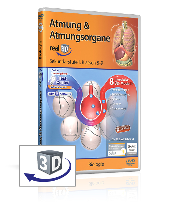 DVD-Cover für das Biologie-Programm 'Atmung & Atmungsorgane' mit interaktiven 3D-Modellen.