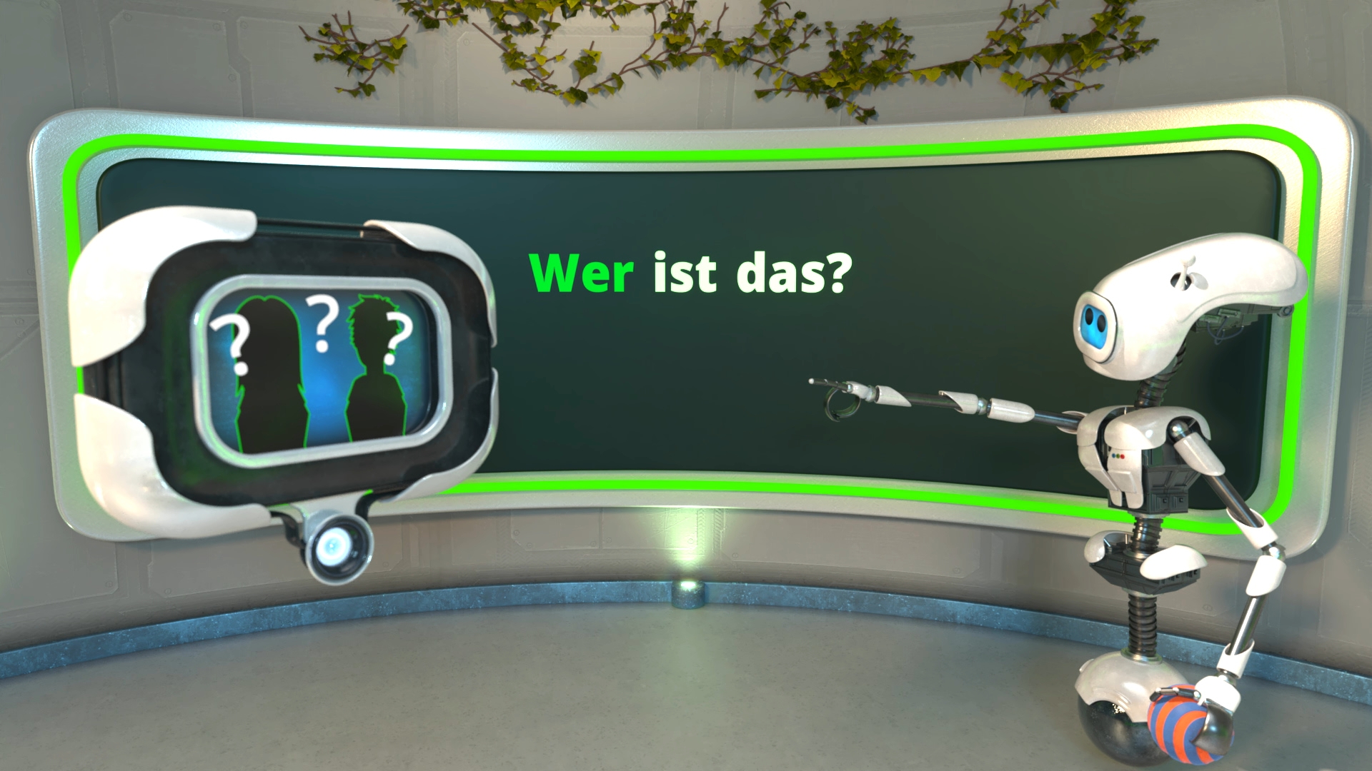 Ein Roboter zeigt mit ausgestrecktem Arm auf eine große Bildschirmwand mit der grünen Schrift 'Wer ist das?' und drei schwarzen Silhouetten mit Fragezeichen.