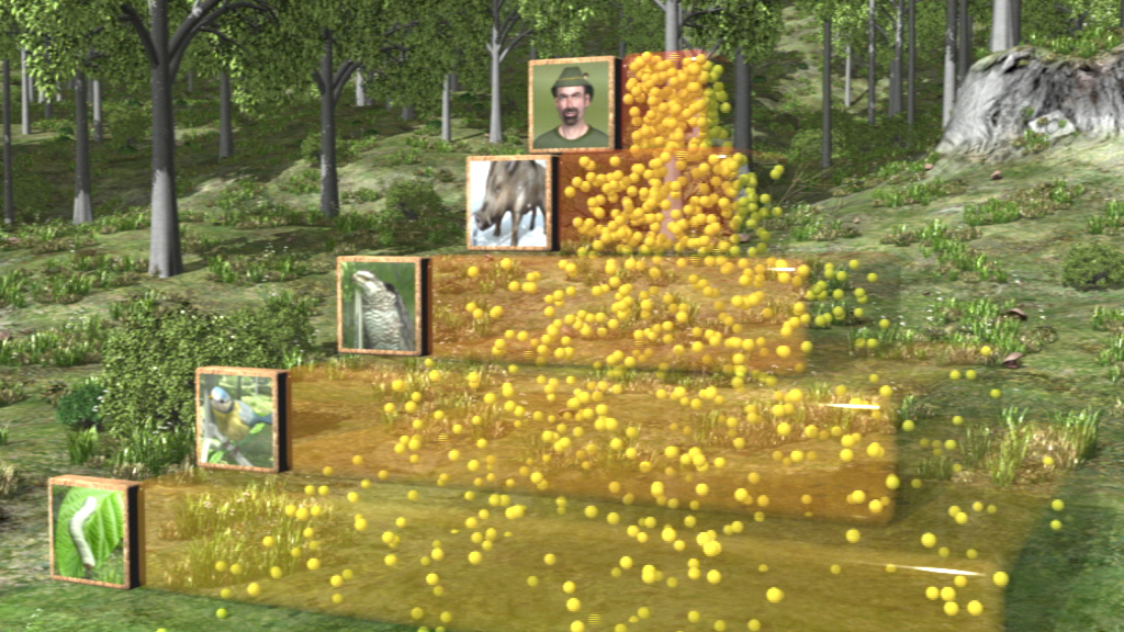 Grafik zeigt eine pyramidenförmige Anordnung von Bildern mit Tieren und Pflanzen, umgeben von gelben Kugeln.