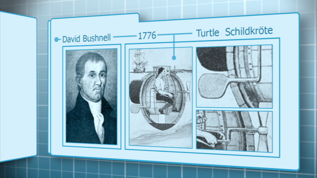 Information über David Bushnell und seine Erfindung, das U-Boot 'Turtle', aus dem Jahr 1776.
