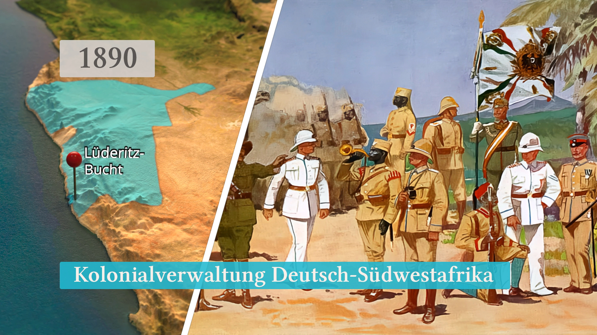 Karte von Deutsch-Südwestafrika 1890 mit Luderitz-Bucht, daneben eine Darstellung der Kolonialverwaltung mit Offizieren in Uniform.