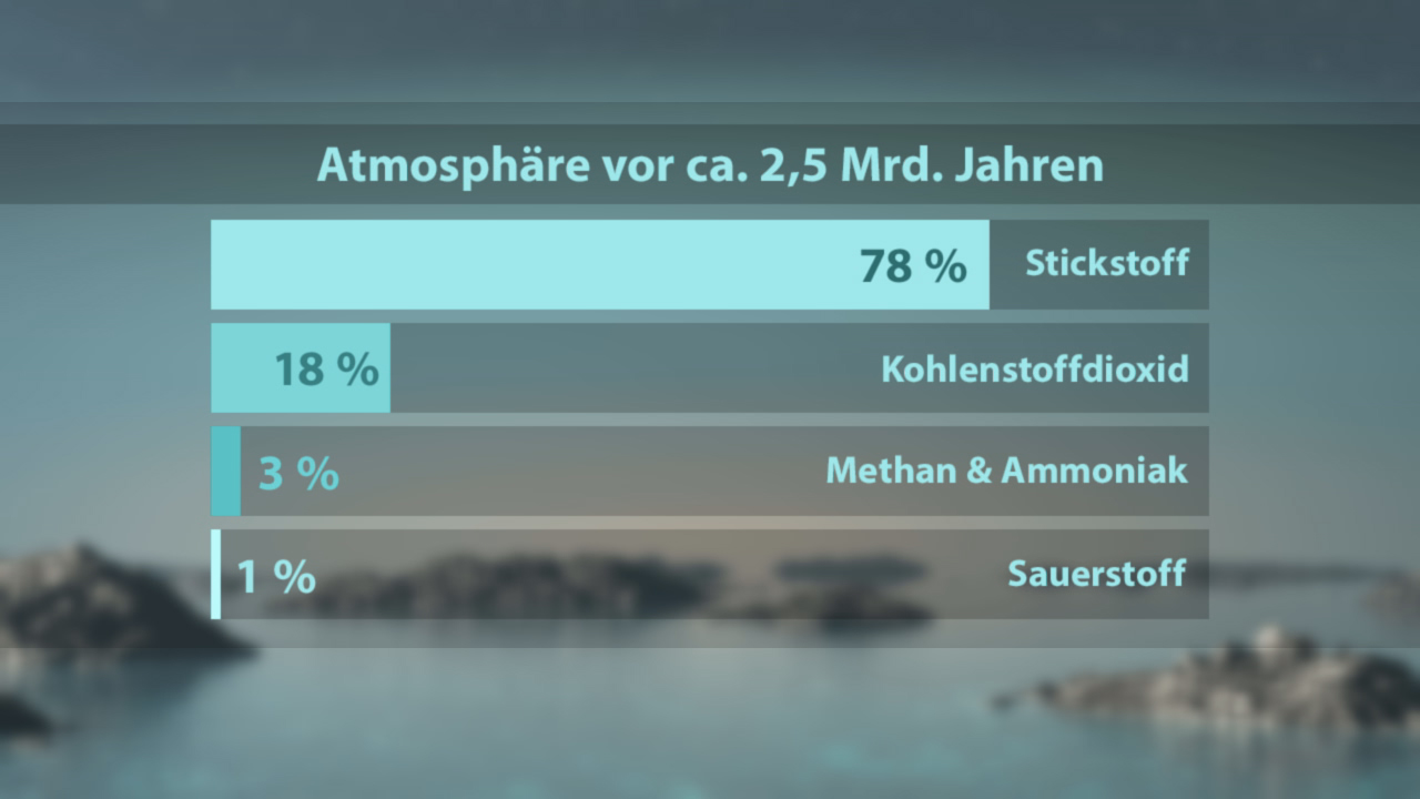 Infografik zur Zusammensetzung der Atmosphäre vor 2,5 Milliarden Jahren: 78 % Stickstoff, 18 % Kohlendioxid, 3 % Methan & Ammoniak, 1 % Sauerstoff.
