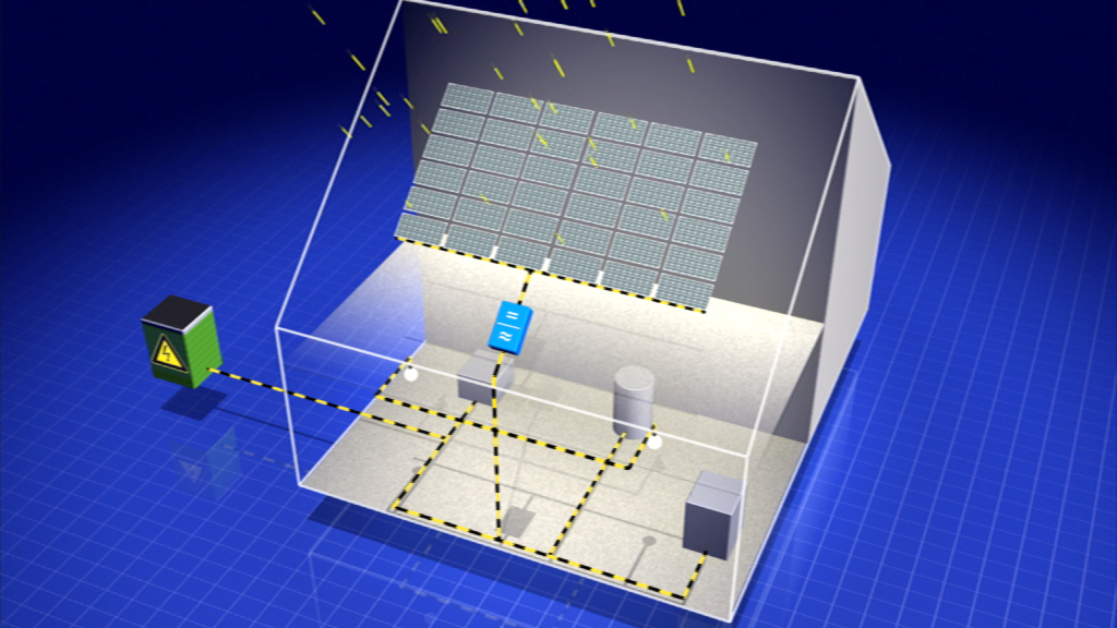 Grafik eines Hauses mit Solarpanelen auf dem Dach, das elektrische Energie erzeugt und speichert.