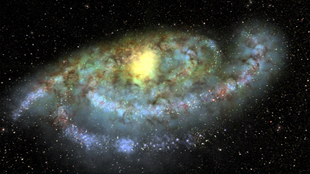 Eine farbenfrohe Spiralgalaxie mit leuchtenden Bereichen und vielen Sternen im Hintergrund.