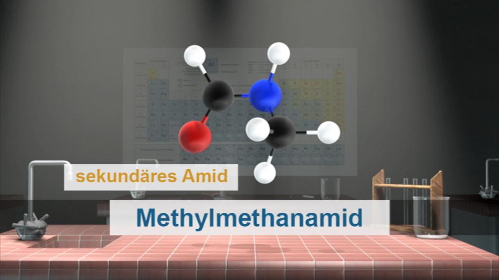 3D-Modell eines sekundären Amids, Methylenmethanamid, mit farbigen Atomen (schwarz, rot, blau, weiß) auf einem Laborhintergrund.