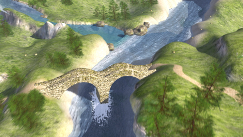 Eine Steinbrücke überspannt einen Fluss in einer hügeligen Landschaft mit Bäumen und Wasserfällen.