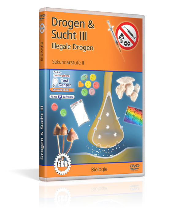 DVD-Cover für 'Drogen & Sucht III: Illegale Drogen', zeigt chemische Symbole und Drogenbilder.