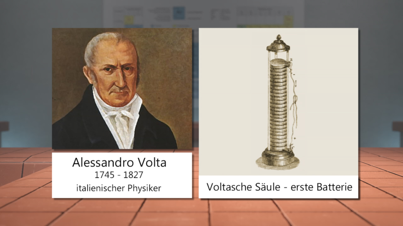Porträt von Alessandro Volta, italienischer Physiker (1745-1827) neben einer Darstellung der Voltaschen Säule, der ersten Batterie.