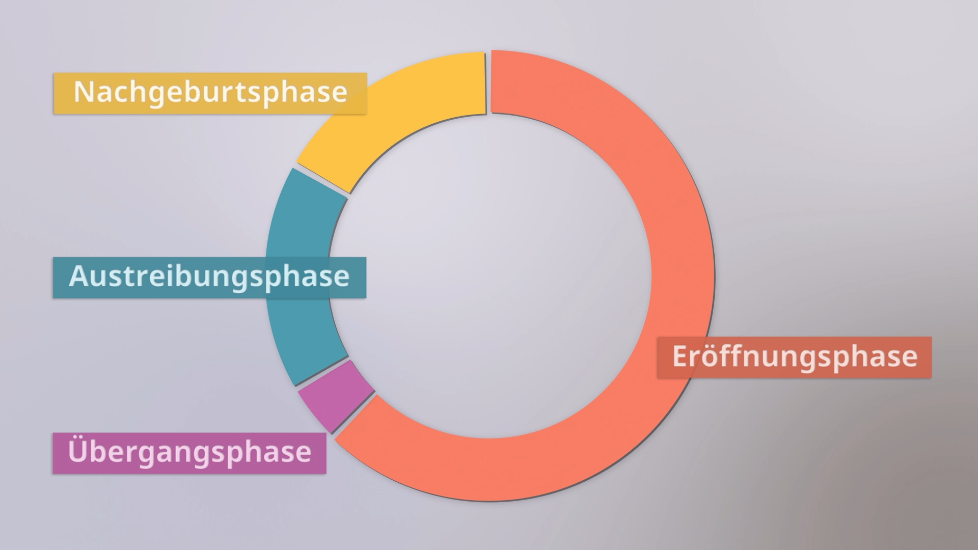 Kreisdiagramm mit Phasen des Geburtsprozesses: Nachgeburtsphase, Austreibungsphase, Übergangsphase, Eröffnungsphase.