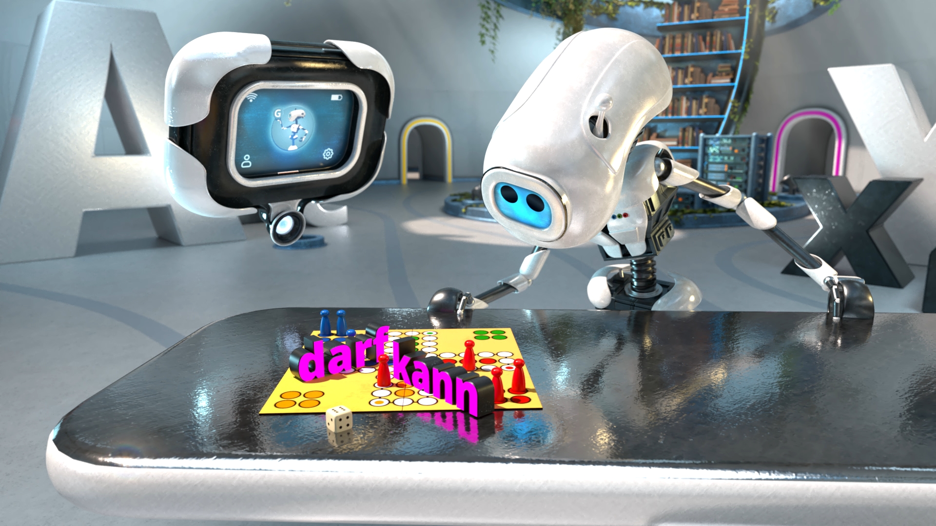 Zwei futuristische Roboter spielen auf einem Tisch ein Brettspiel mit Figuren und Würfeln