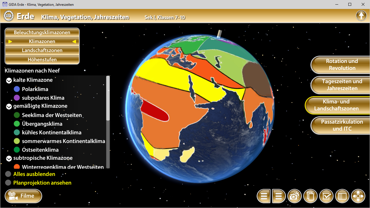 Interaktive 3D-Darstellung der Erde mit farblich gekennzeichneten Klimazonen und Vegetationstypen.