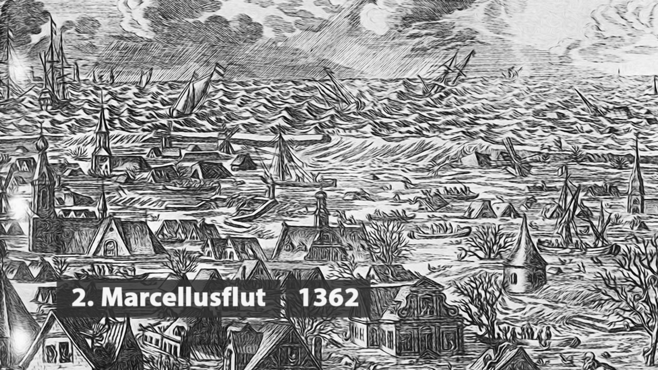 Historische Darstellung der Marcellusflut von 1362, mit überfluteten Häusern und Schiffen auf stürmischer See.