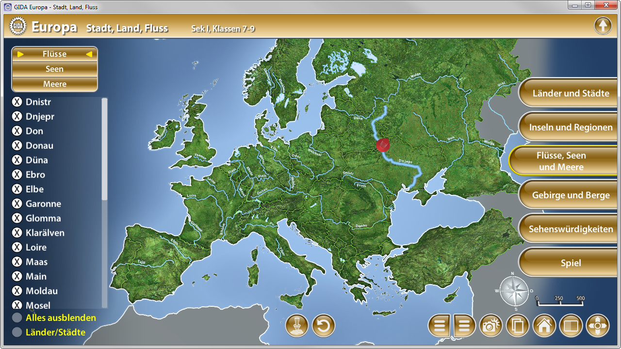 Interaktive Karte von Europa mit Flüssen, Seen und Städten, rot markierter Punkt in der Mitte.