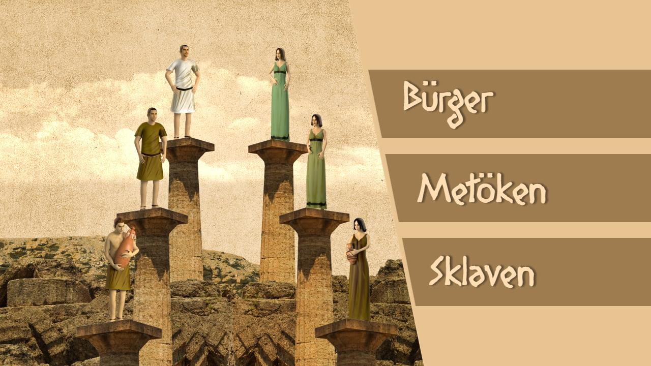 Darstellung von drei sozialen Klassen: Bürger, Metöken und Sklaven, jeweils durch Figuren auf Säulen repräsentiert.
