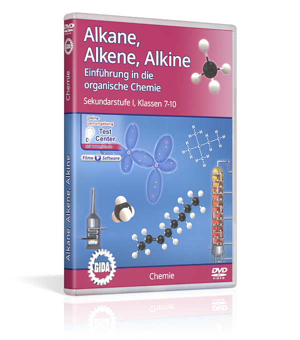 DVD-Cover für 'Alkane, Alkene, Alkin: Einführung in die organische Chemie' mit Molekülstrukturen und chemischen Formeln.