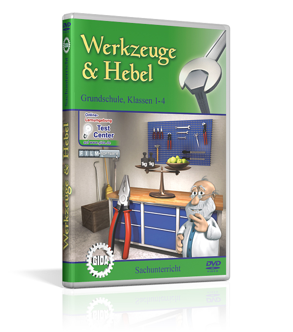 DVD-Cover für 'Werkzeuge & Hebel', richtet sich an Grundschüler der Klassen 1-4, zeigt einen Cartoon-Mechaniker und Werkzeuge im Hintergrund.